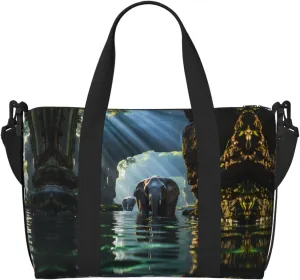 Asian elephant in the water Hand-held travel bag, messenger casual handbag, suitable for work, travel, fitness, tourism, women's zipper storage bag,
