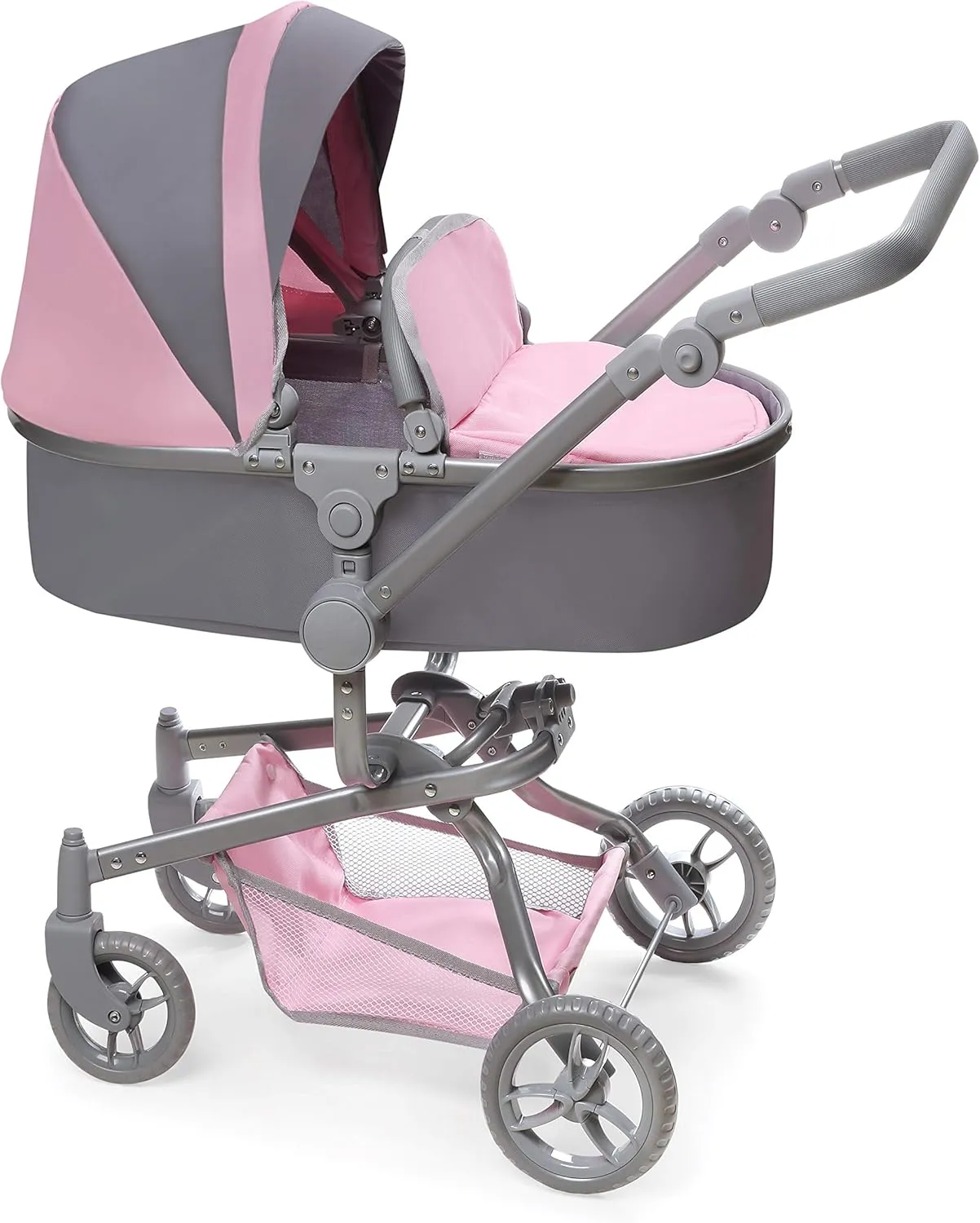 Badger Basket Foldable Doll Stroller & Pram for Dolls - Convertible Toy with Canopy, Basket & Soft Handle - Lightweight, Easy to Use for Girls Ages 3 - Gray/Pink