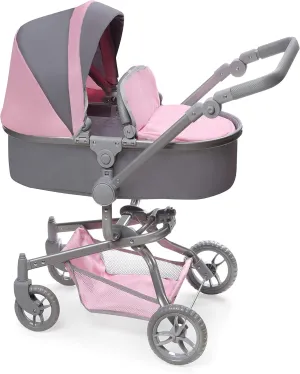 Badger Basket Foldable Doll Stroller & Pram for Dolls - Convertible Toy with Canopy, Basket & Soft Handle - Lightweight, Easy to Use for Girls Ages 3 - Gray/Pink