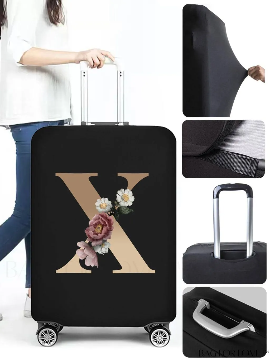 BagForLove - 29-32 Inch Suitcase Protective Cover with Elastic Dust Case and Gold Initial Name Embellishment