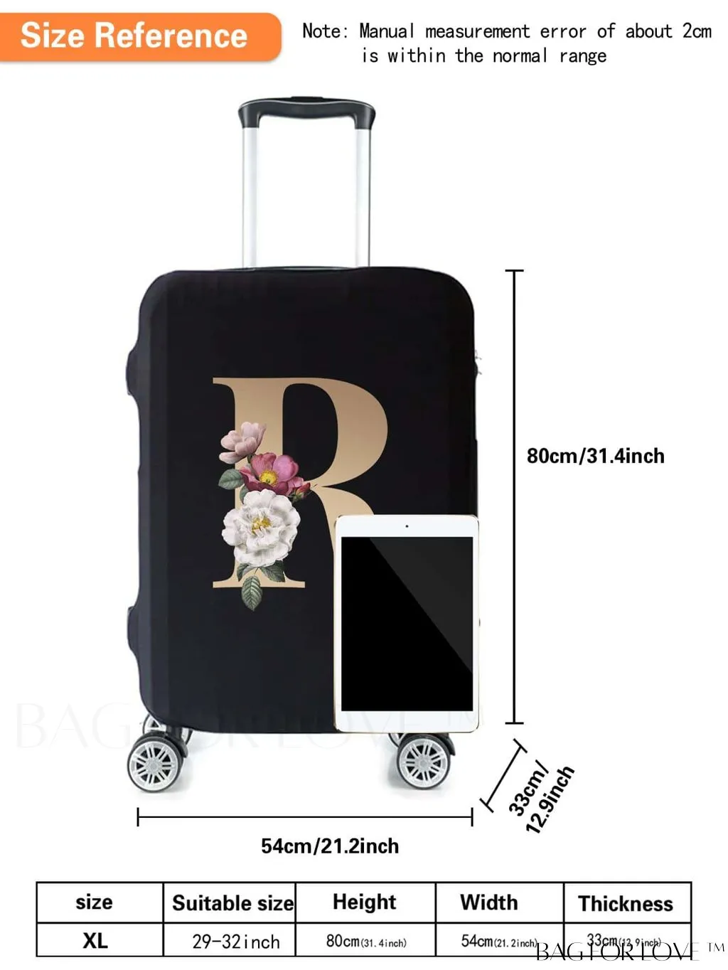 BagForLove - 29-32 Inch Suitcase Protective Cover with Elastic Dust Case and Gold Initial Name Embellishment