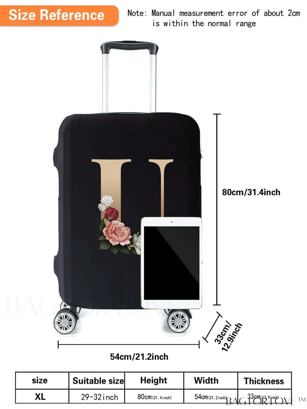 BagForLove - 29-32 Inch Suitcase Protective Cover with Elastic Dust Case and Gold Initial Name Embellishment