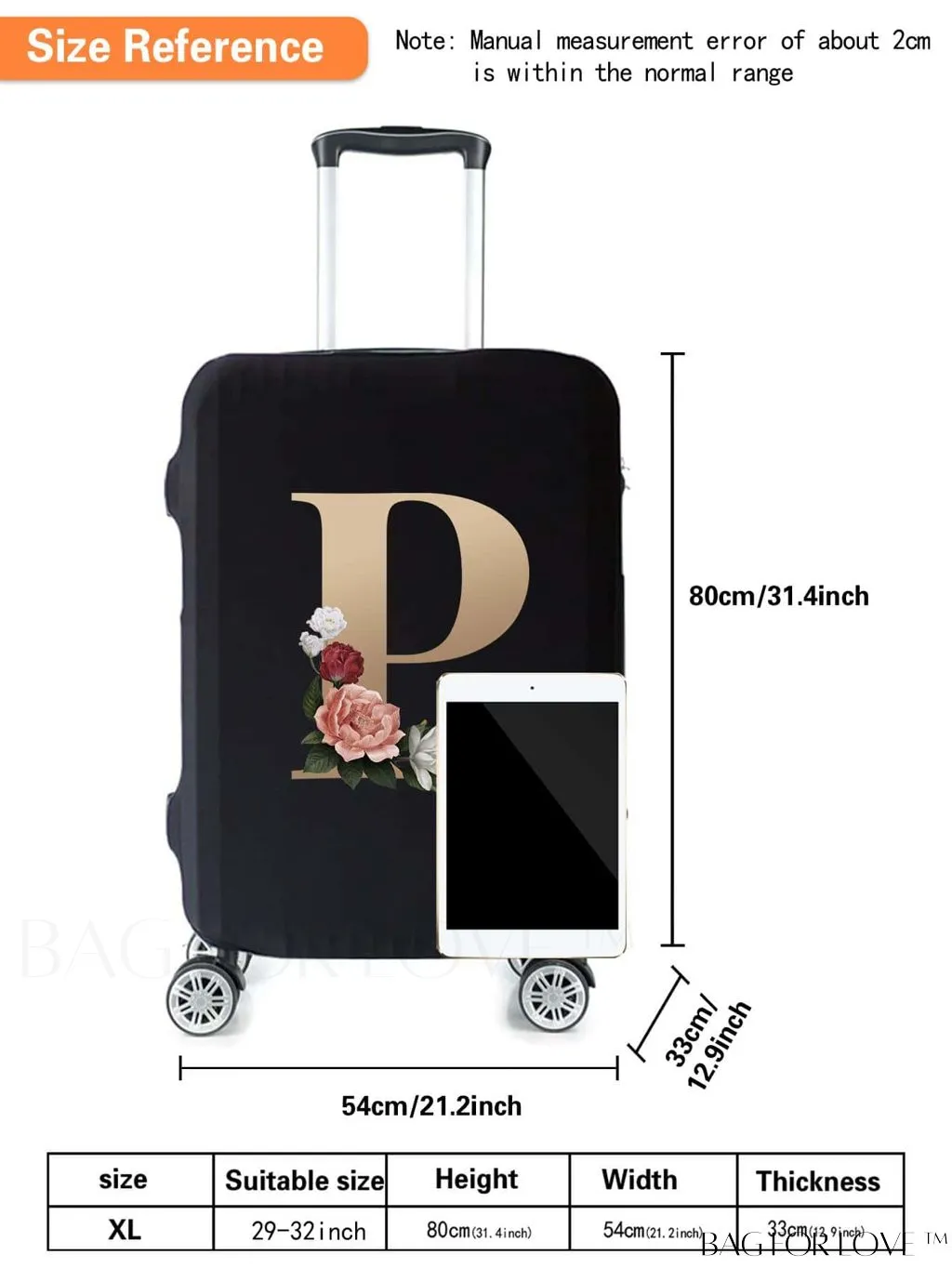 BagForLove - 29-32 Inch Suitcase Protective Cover with Elastic Dust Case and Gold Initial Name Embellishment