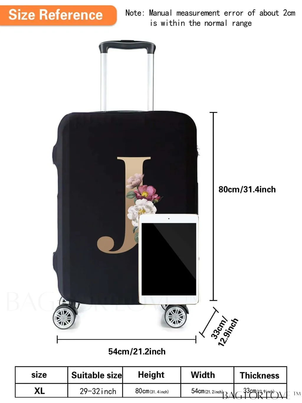 BagForLove - 29-32 Inch Suitcase Protective Cover with Elastic Dust Case and Gold Initial Name Embellishment