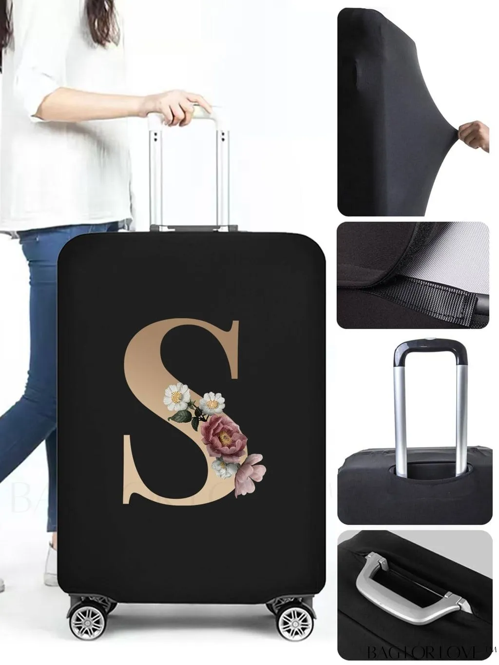 BagForLove - 29-32 Inch Suitcase Protective Cover with Elastic Dust Case and Gold Initial Name Embellishment