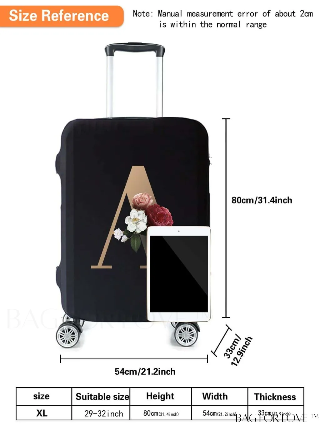 BagForLove - 29-32 Inch Suitcase Protective Cover with Elastic Dust Case and Gold Initial Name Embellishment