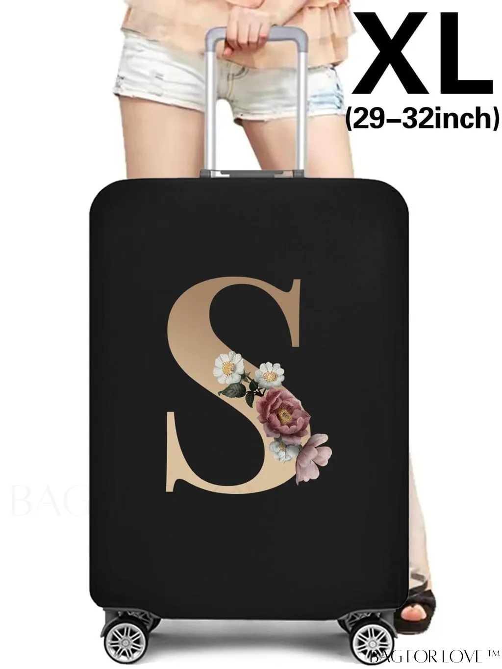 BagForLove - 29-32 Inch Suitcase Protective Cover with Elastic Dust Case and Gold Initial Name Embellishment