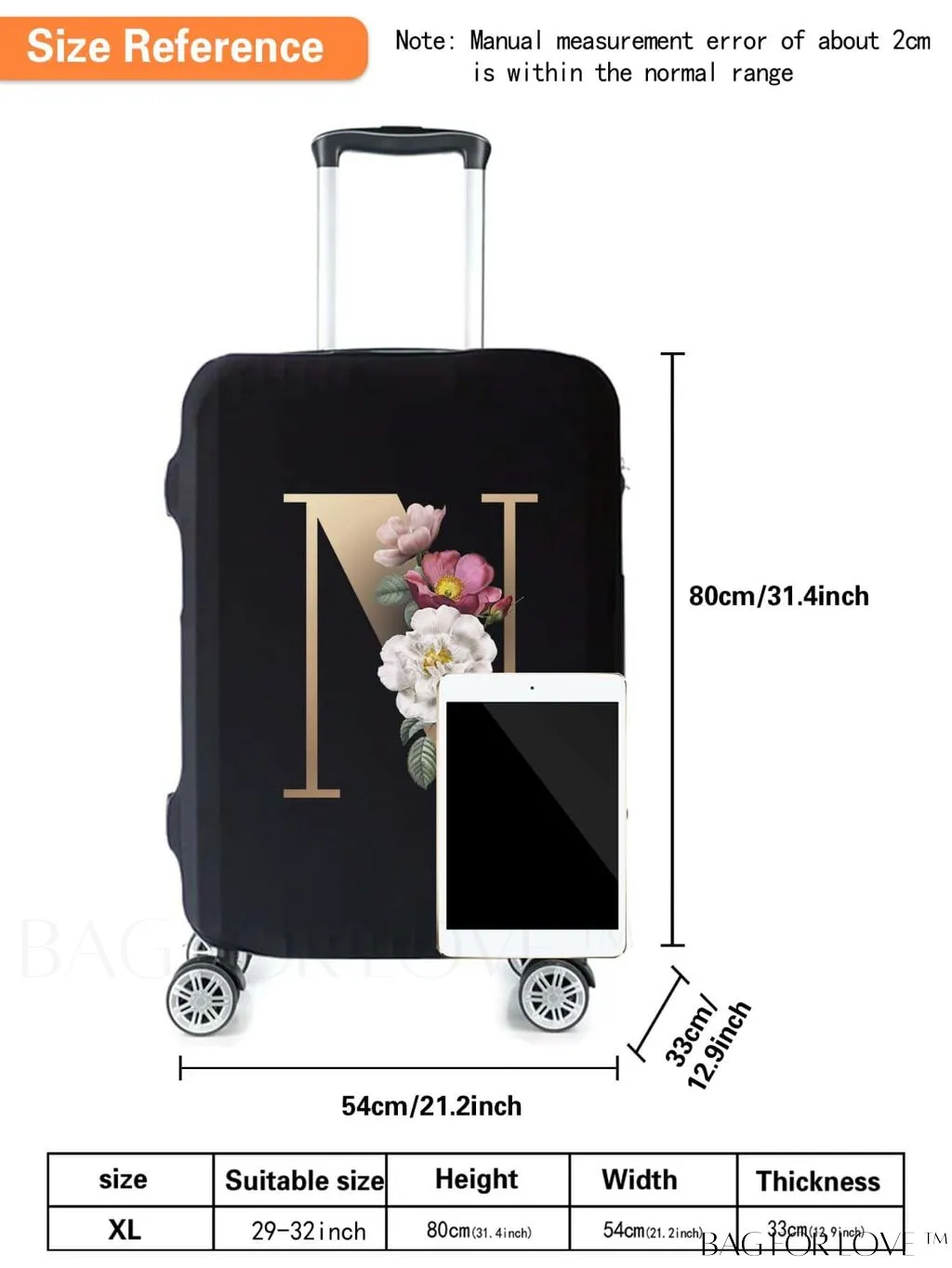 BagForLove - 29-32 Inch Suitcase Protective Cover with Elastic Dust Case and Gold Initial Name Embellishment