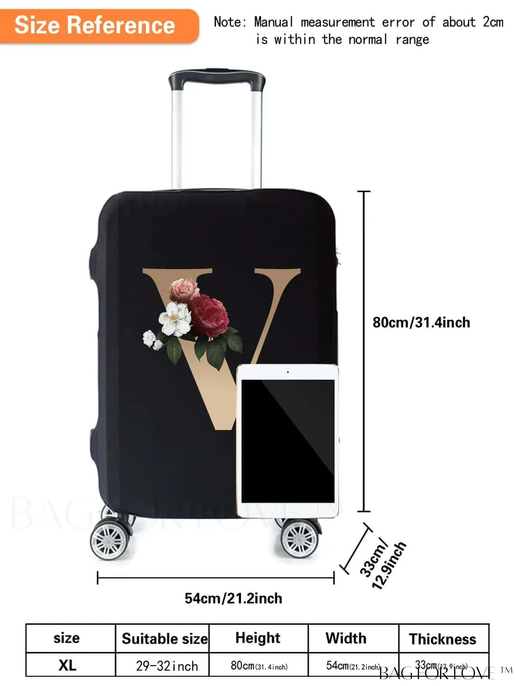 BagForLove - 29-32 Inch Suitcase Protective Cover with Elastic Dust Case and Gold Initial Name Embellishment