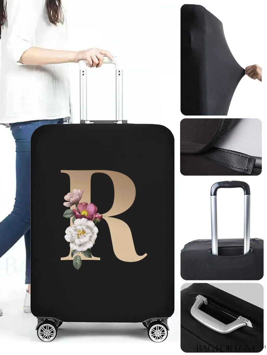 BagForLove - 29-32 Inch Suitcase Protective Cover with Elastic Dust Case and Gold Initial Name Embellishment