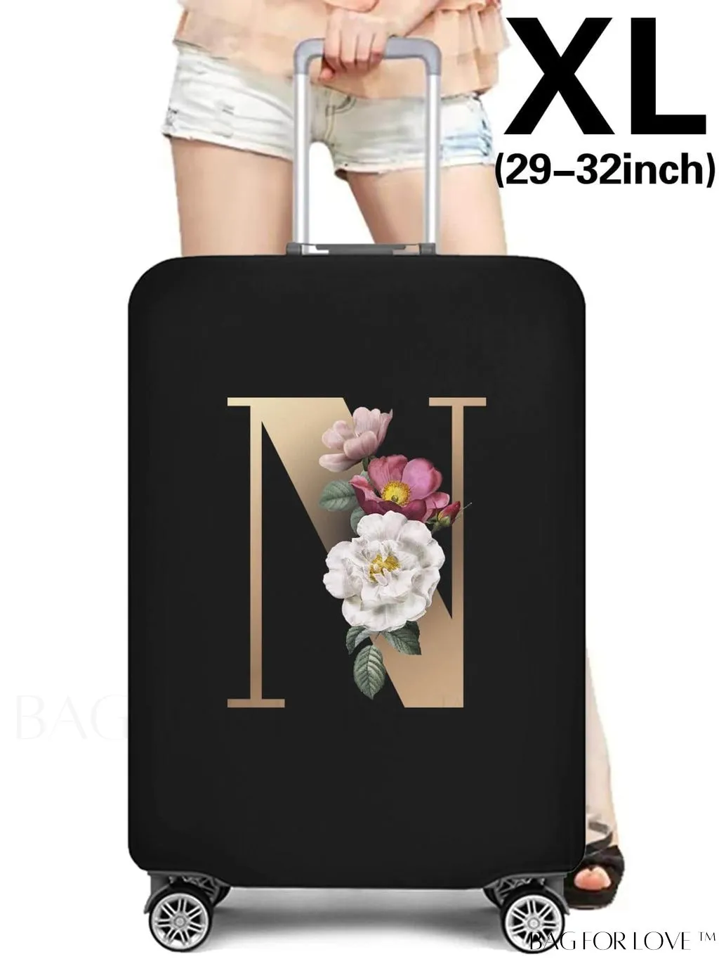 BagForLove - 29-32 Inch Suitcase Protective Cover with Elastic Dust Case and Gold Initial Name Embellishment