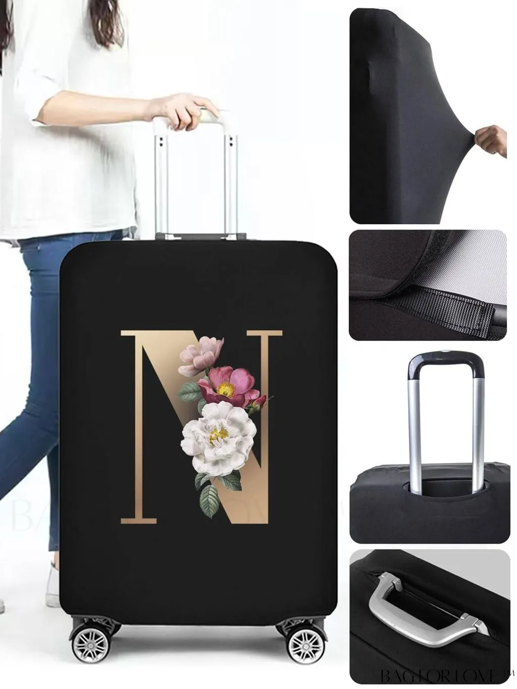 BagForLove - 29-32 Inch Suitcase Protective Cover with Elastic Dust Case and Gold Initial Name Embellishment