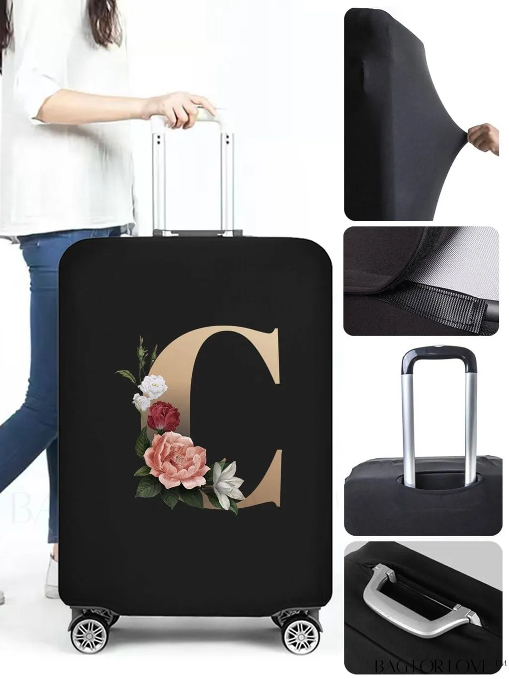 BagForLove - 29-32 Inch Suitcase Protective Cover with Elastic Dust Case and Gold Initial Name Embellishment