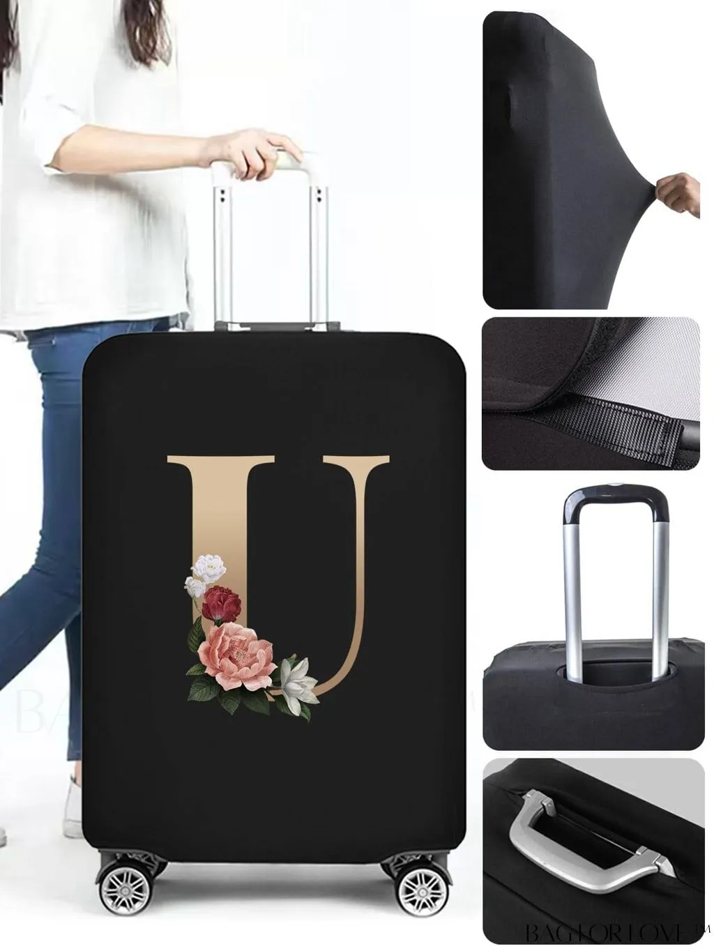 BagForLove - 29-32 Inch Suitcase Protective Cover with Elastic Dust Case and Gold Initial Name Embellishment