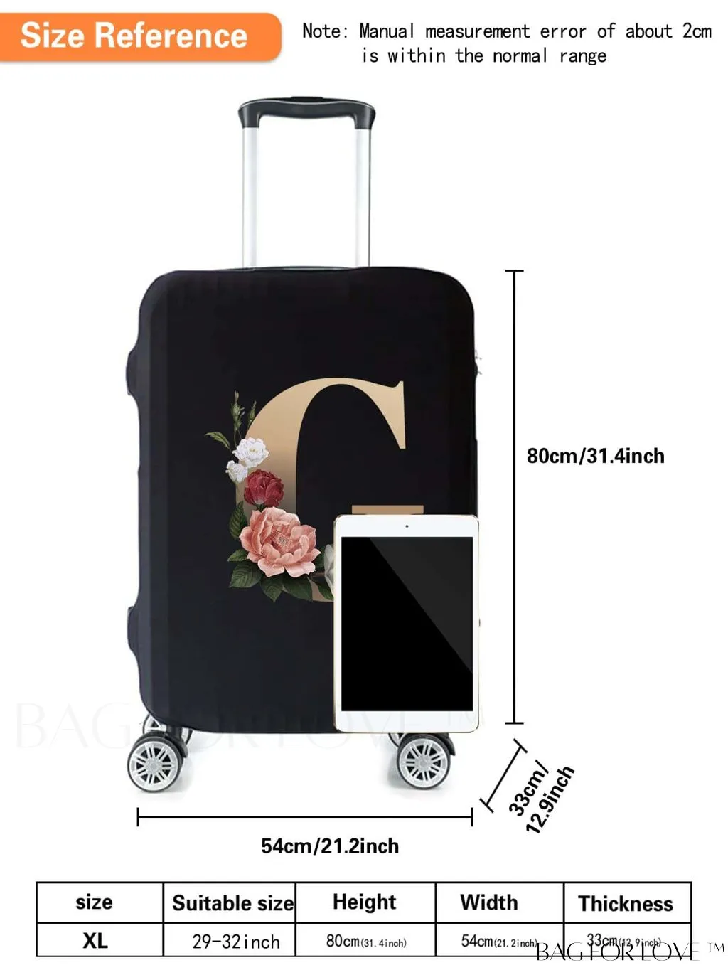 BagForLove - 29-32 Inch Suitcase Protective Cover with Elastic Dust Case and Gold Initial Name Embellishment