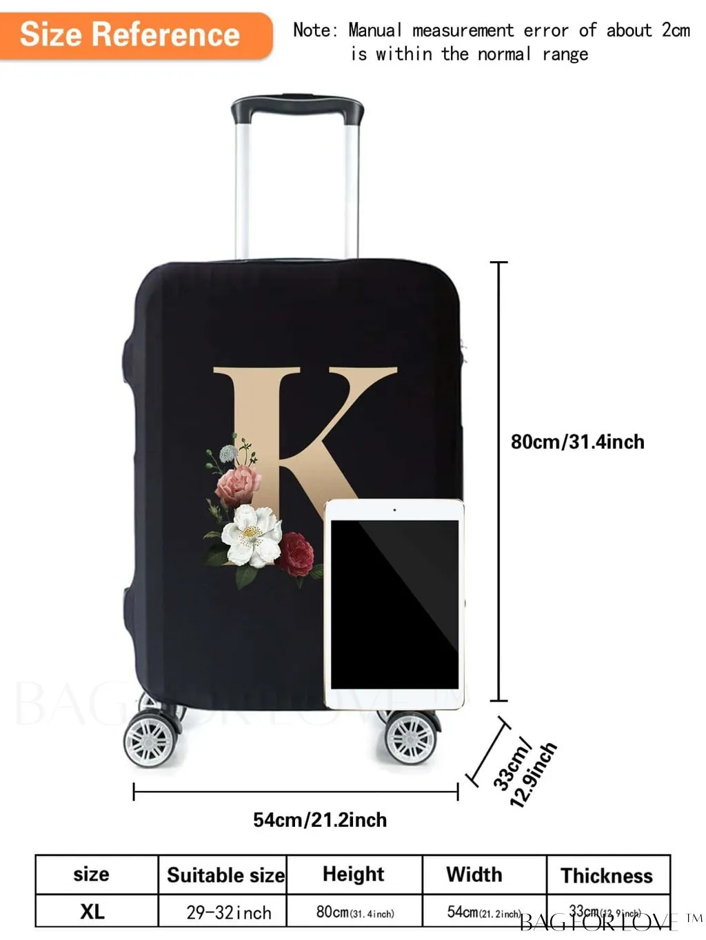 BagForLove - 29-32 Inch Suitcase Protective Cover with Elastic Dust Case and Gold Initial Name Embellishment