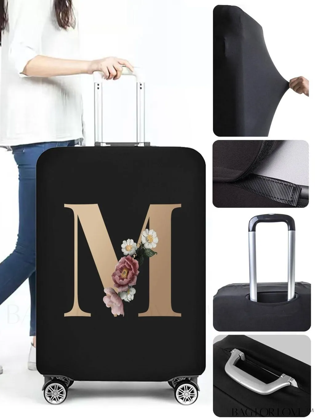 BagForLove - 29-32 Inch Suitcase Protective Cover with Elastic Dust Case and Gold Initial Name Embellishment