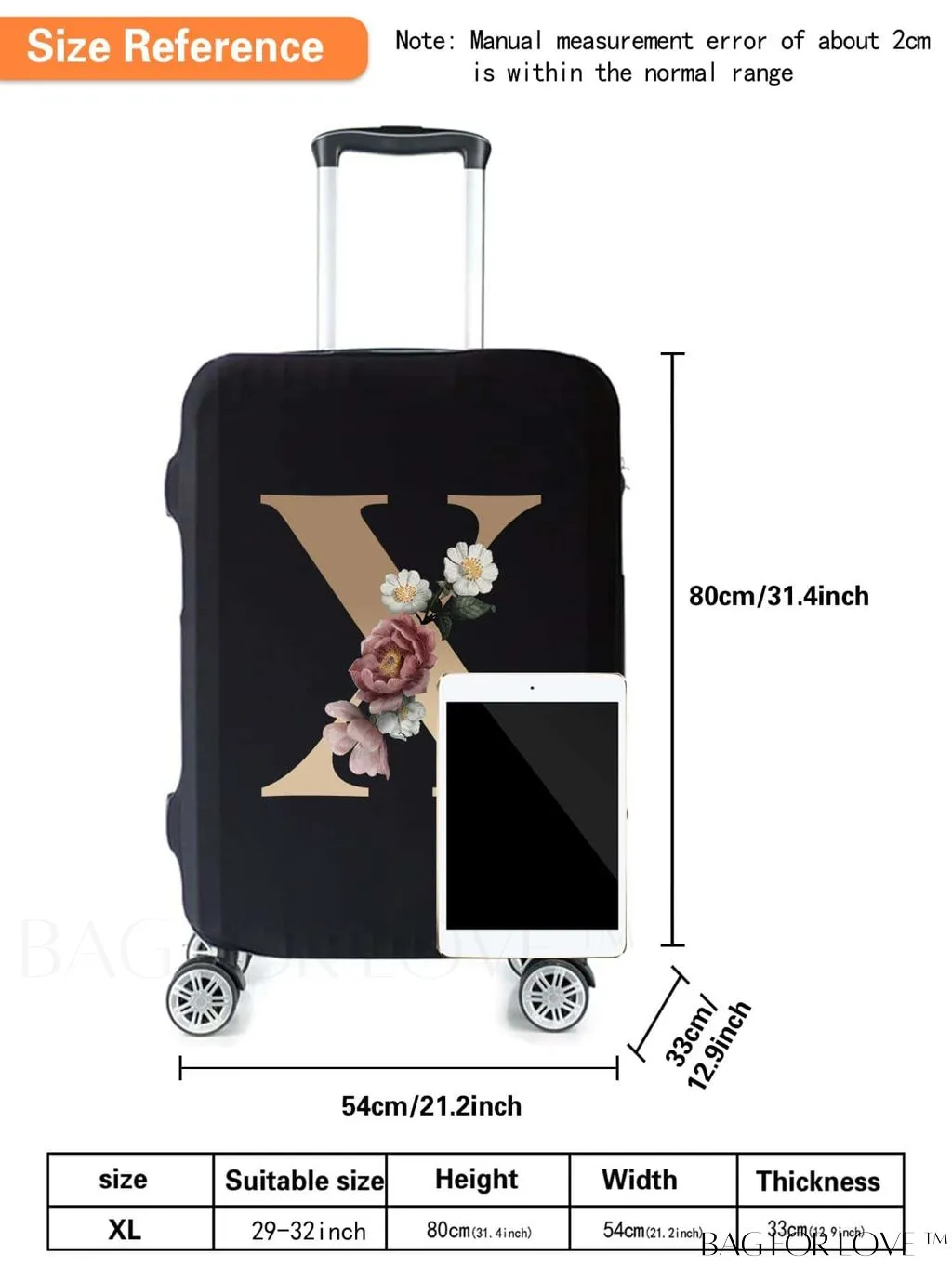 BagForLove - 29-32 Inch Suitcase Protective Cover with Elastic Dust Case and Gold Initial Name Embellishment