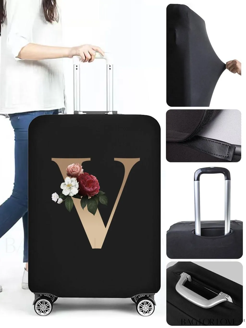 BagForLove - 29-32 Inch Suitcase Protective Cover with Elastic Dust Case and Gold Initial Name Embellishment