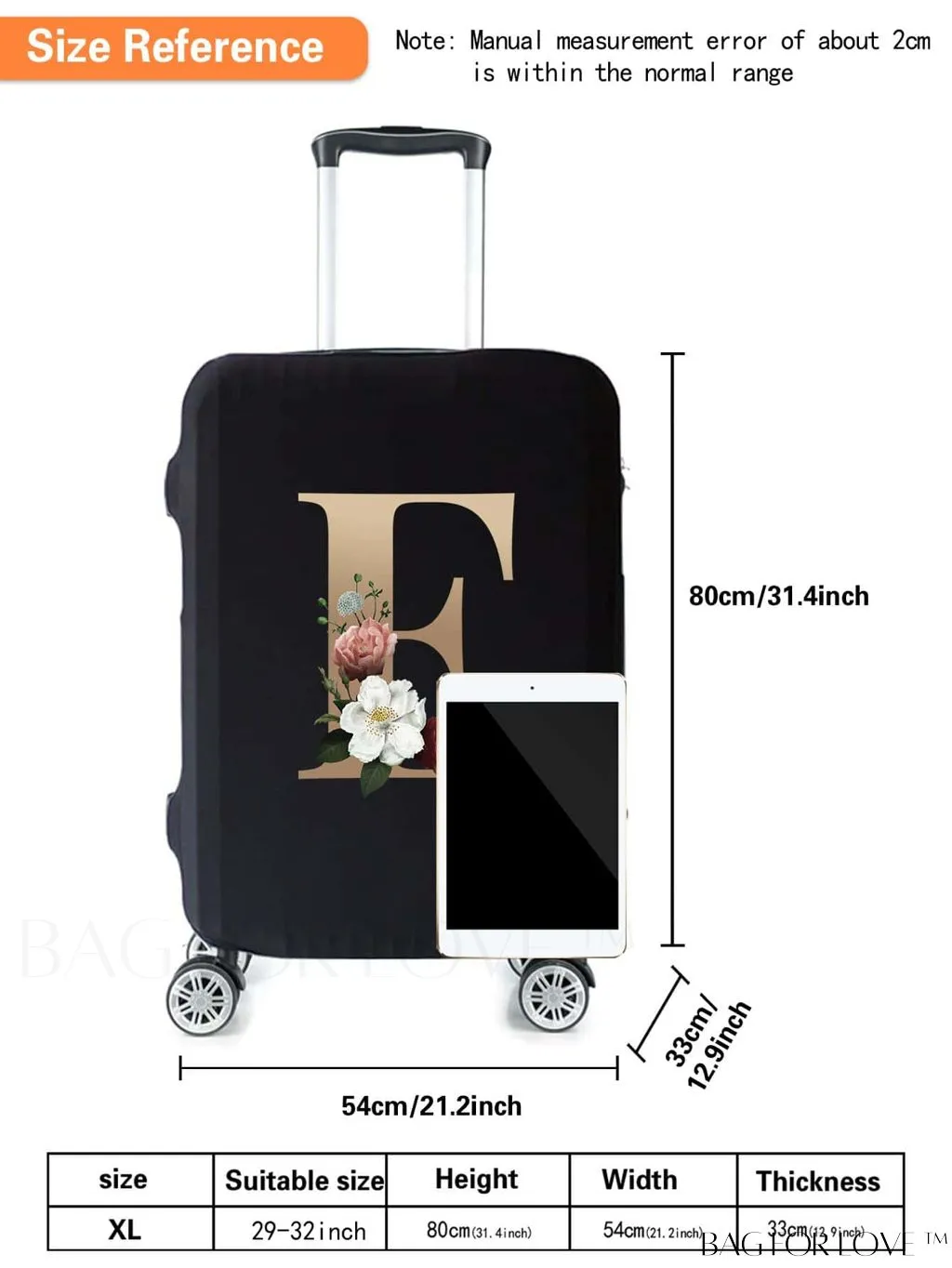 BagForLove - 29-32 Inch Suitcase Protective Cover with Elastic Dust Case and Gold Initial Name Embellishment