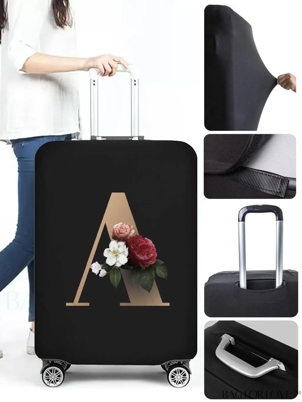BagForLove - 29-32 Inch Suitcase Protective Cover with Elastic Dust Case and Gold Initial Name Embellishment
