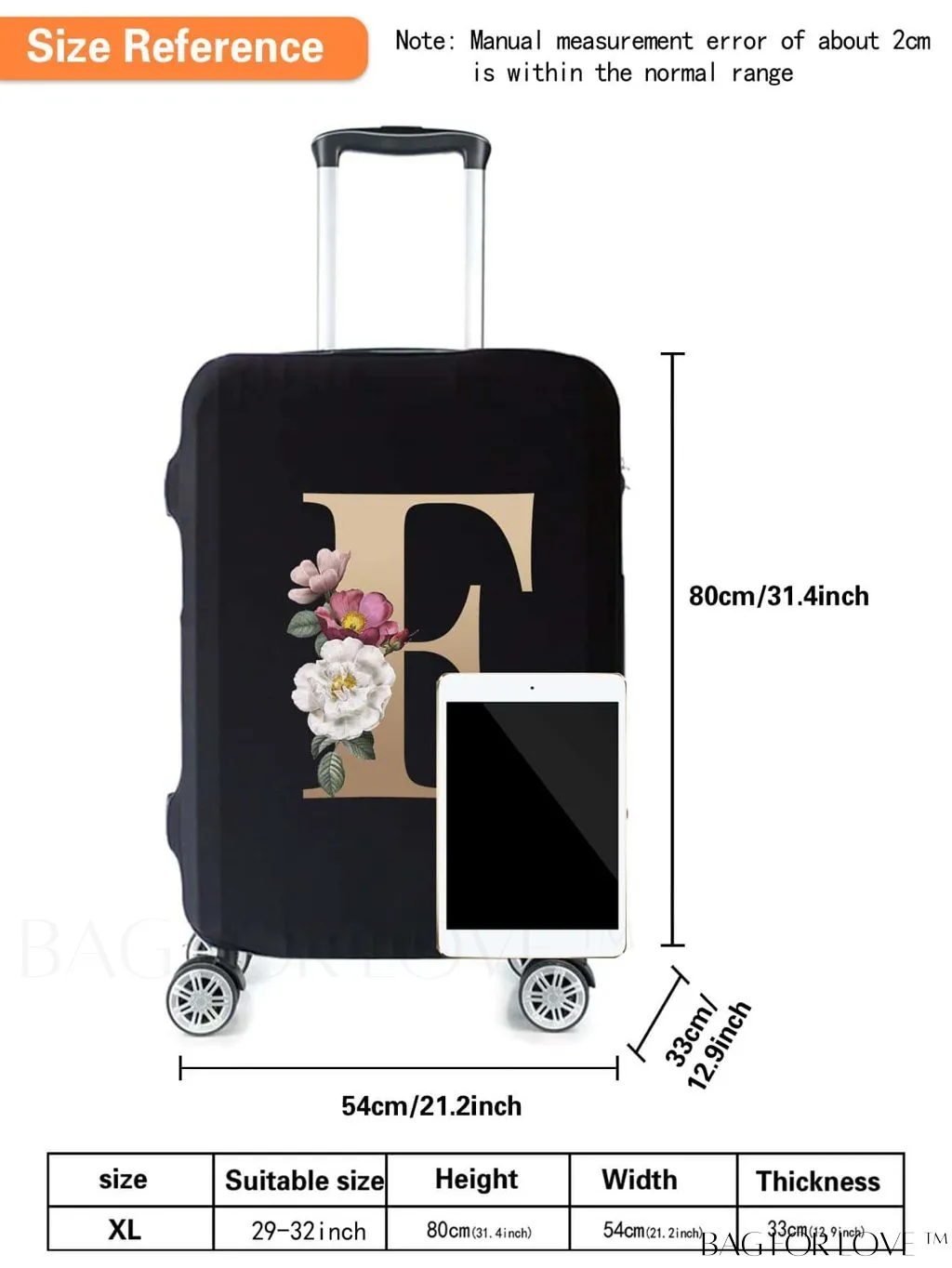 BagForLove - 29-32 Inch Suitcase Protective Cover with Elastic Dust Case and Gold Initial Name Embellishment