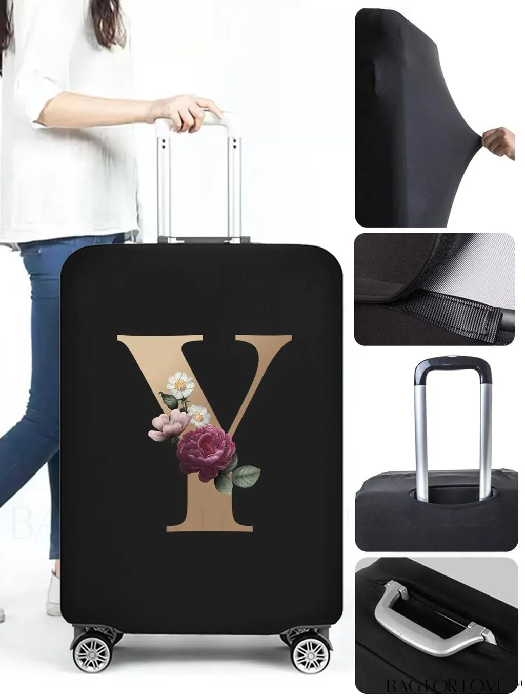 BagForLove - 29-32 Inch Suitcase Protective Cover with Elastic Dust Case and Gold Initial Name Embellishment