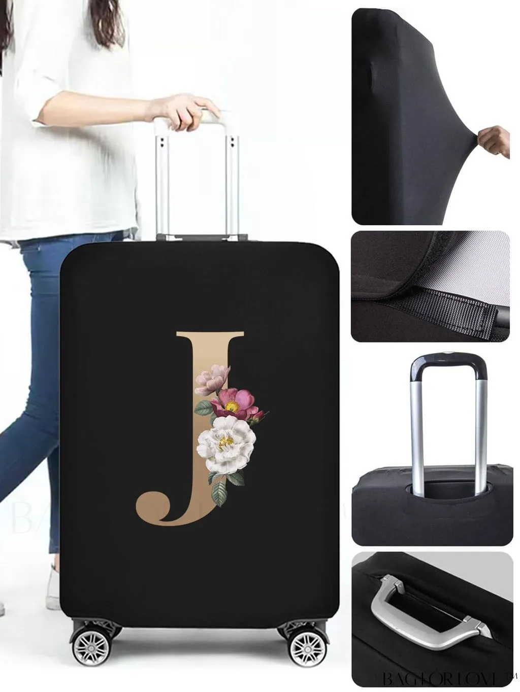 BagForLove - 29-32 Inch Suitcase Protective Cover with Elastic Dust Case and Gold Initial Name Embellishment