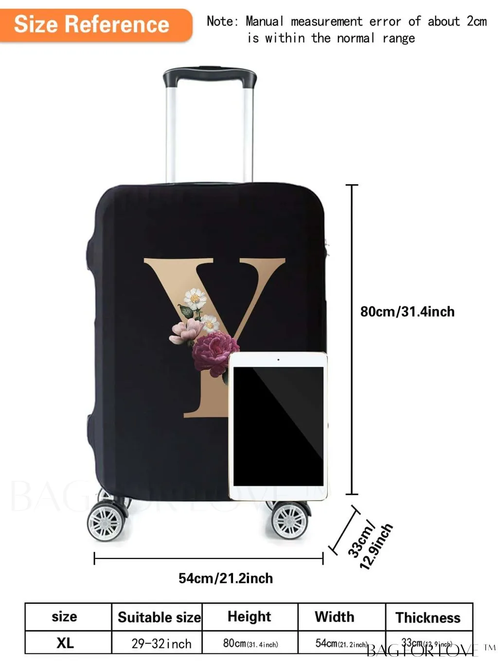BagForLove - 29-32 Inch Suitcase Protective Cover with Elastic Dust Case and Gold Initial Name Embellishment