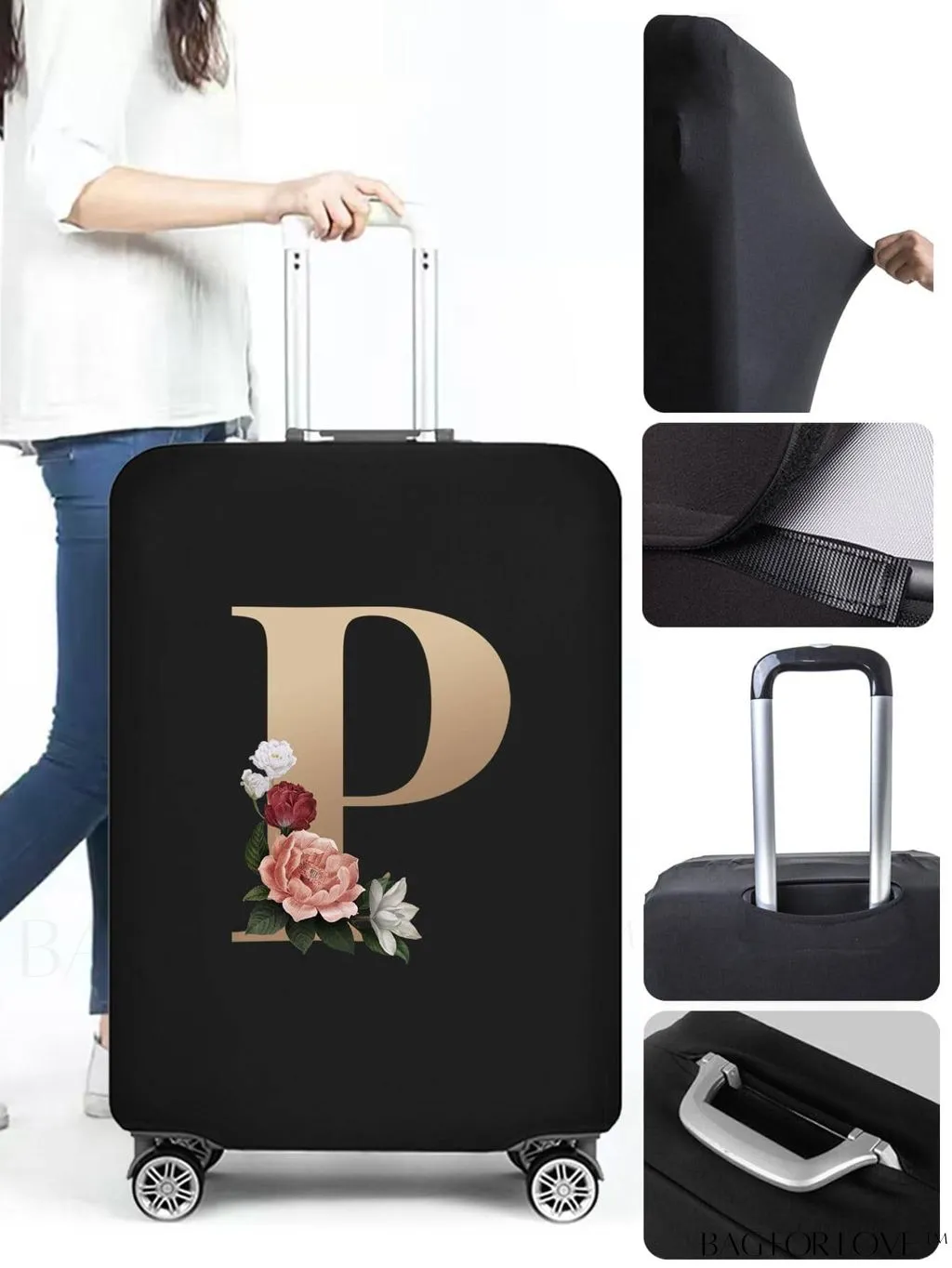 BagForLove - 29-32 Inch Suitcase Protective Cover with Elastic Dust Case and Gold Initial Name Embellishment