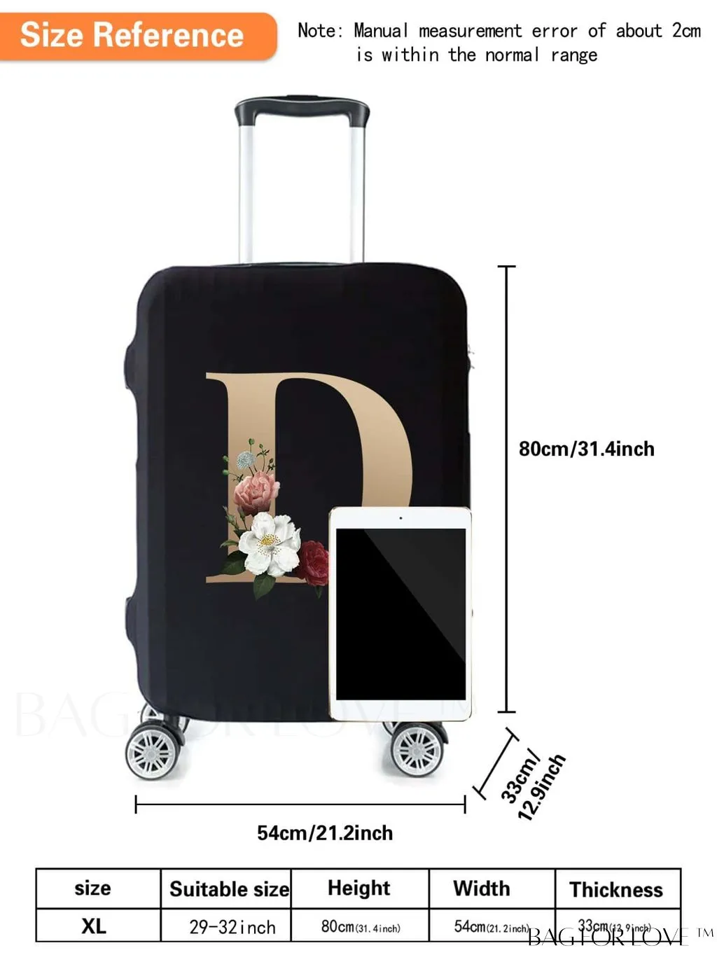 BagForLove - 29-32 Inch Suitcase Protective Cover with Elastic Dust Case and Gold Initial Name Embellishment