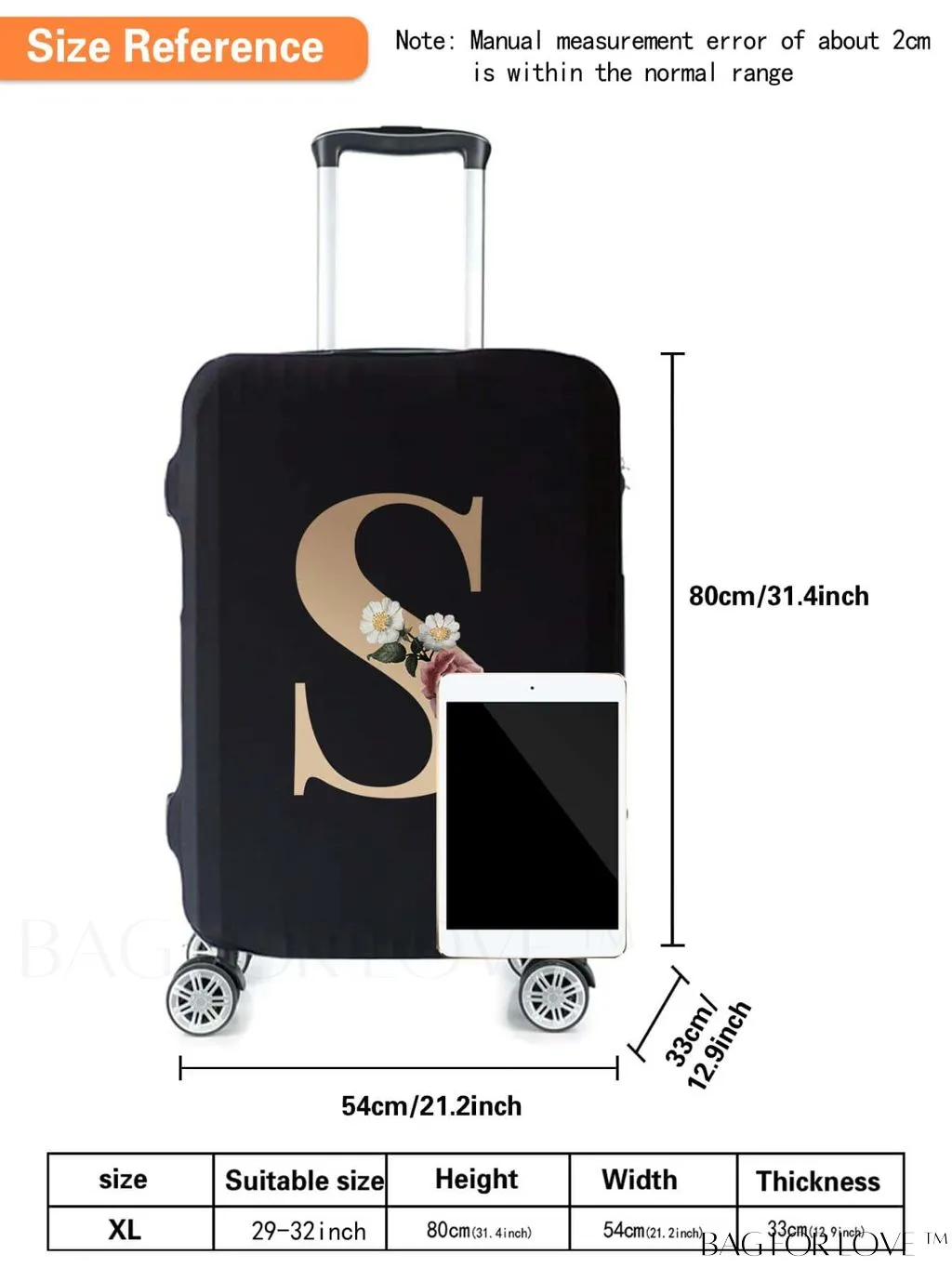 BagForLove - 29-32 Inch Suitcase Protective Cover with Elastic Dust Case and Gold Initial Name Embellishment