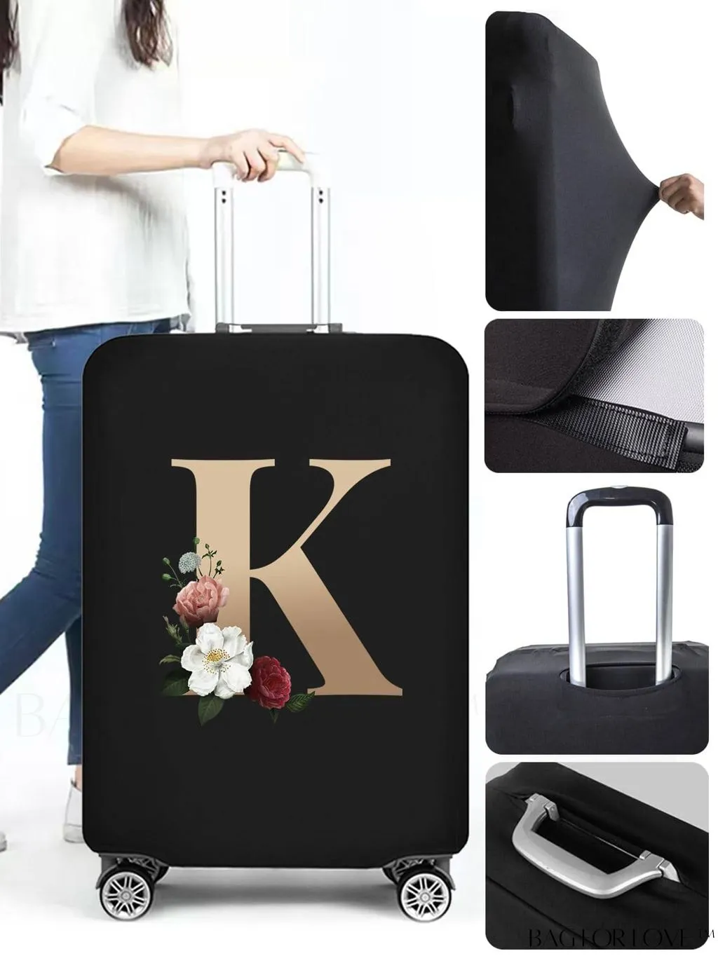BagForLove - 29-32 Inch Suitcase Protective Cover with Elastic Dust Case and Gold Initial Name Embellishment