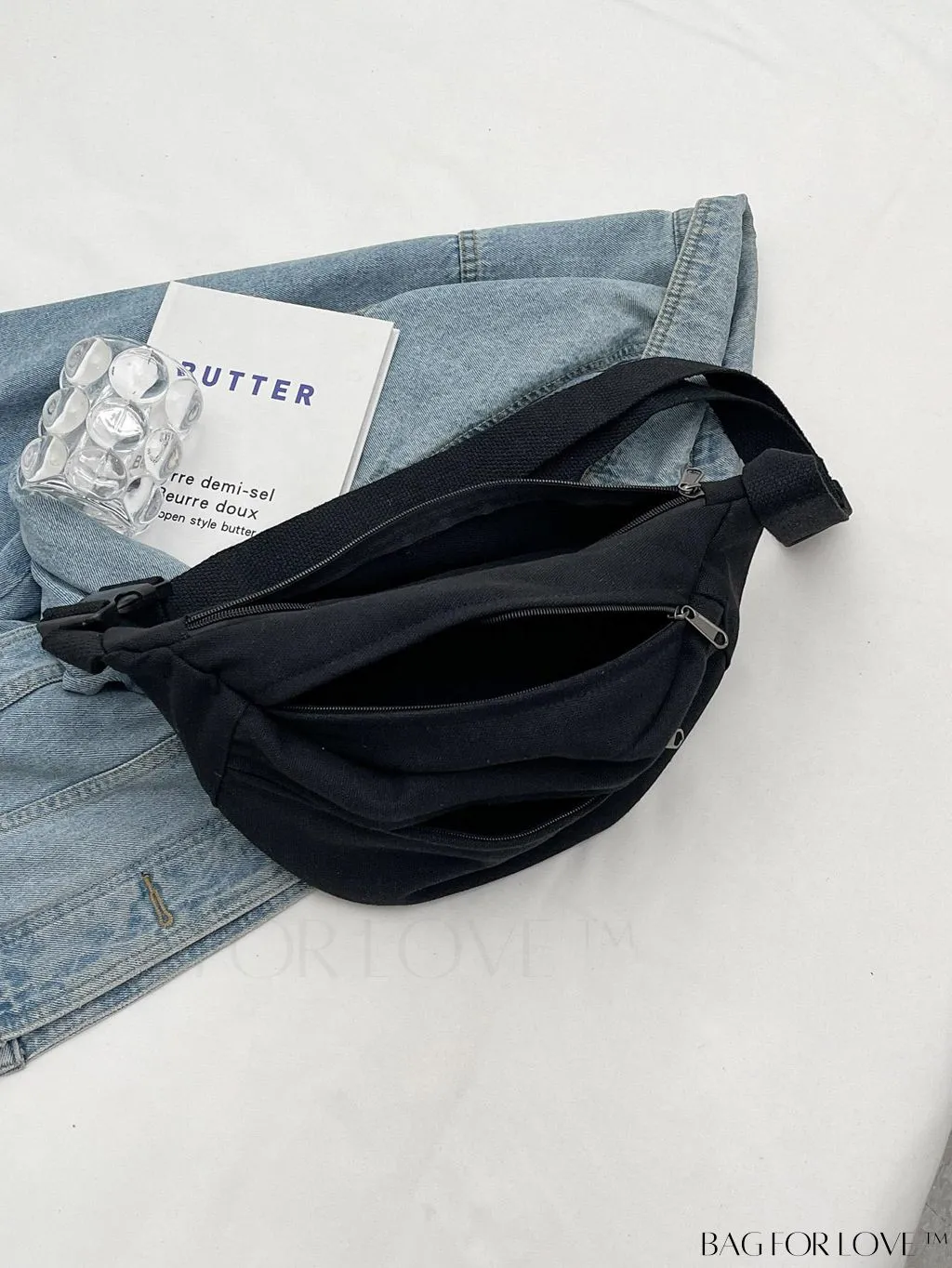BagForLove - Unisex Medium Black Waist Bag with Minimalist Design and Zipper