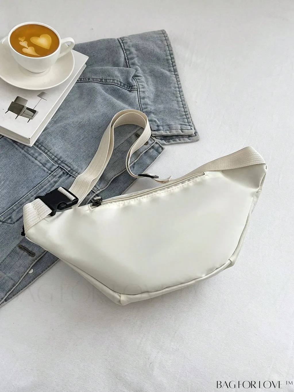 BagForLove - White Minimalist Polyester Fanny Pack with Adjustable Zipper Strap