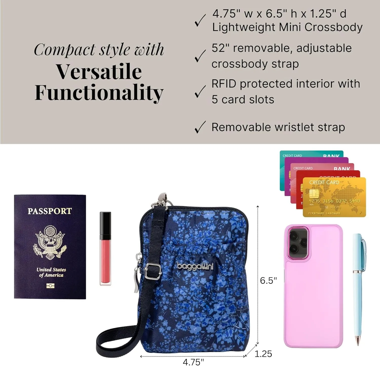 Baggallini Bryant Pouch Small Crossbody Bag for Women - Phone Purse with Crossbody Strap - Lightweight Crossbody Pouch
