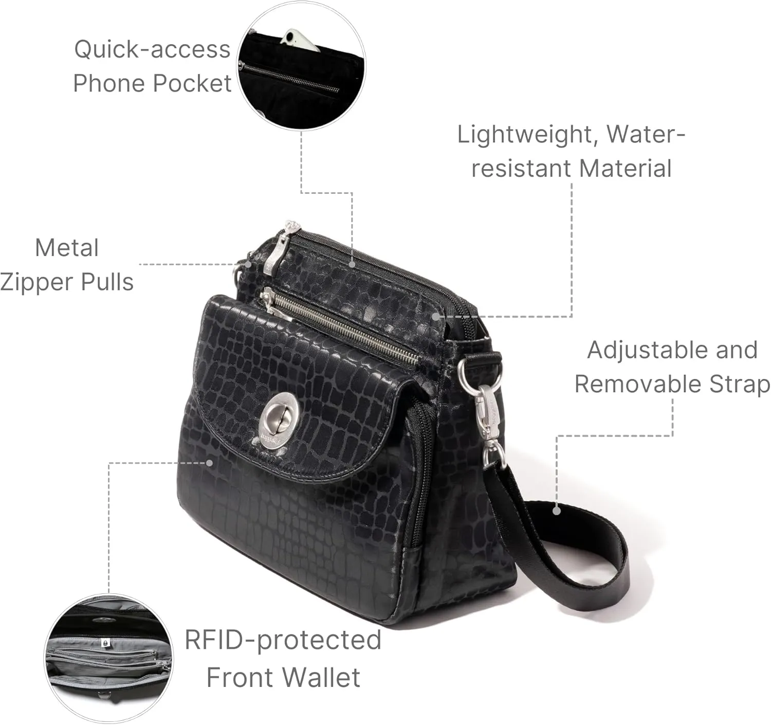 Baggallini Calais Crossbody Bags for Women 9.5"x7" Travel Handbag Purse w/RFID Front Wallet Lightweight Water-Resistant
