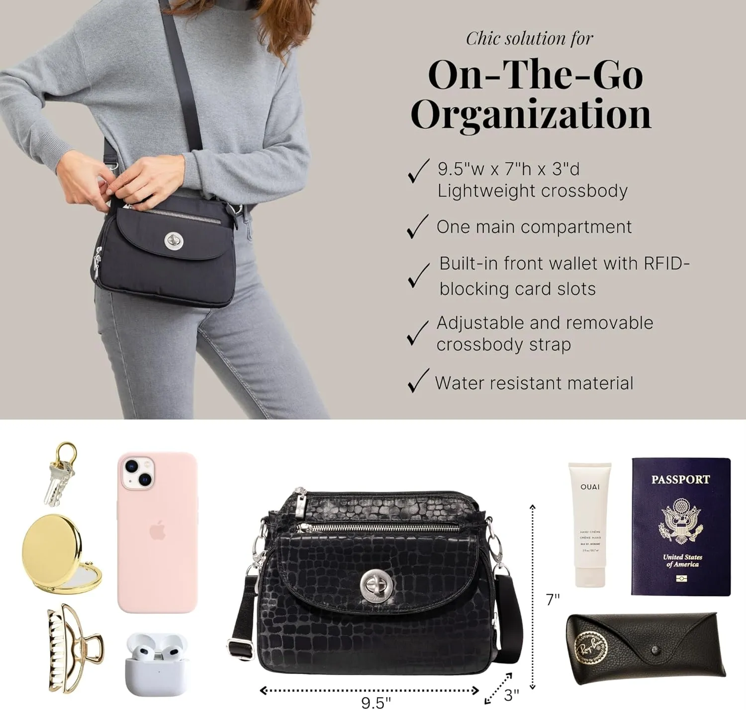 Baggallini Calais Crossbody Bags for Women 9.5"x7" Travel Handbag Purse w/RFID Front Wallet Lightweight Water-Resistant