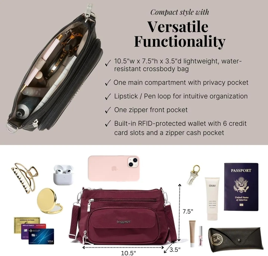 Baggallini Original Everyday 11x 7.5 Crossbody Bags for Women RFID Protected Lightweight Nylon Zippered Travel Purse