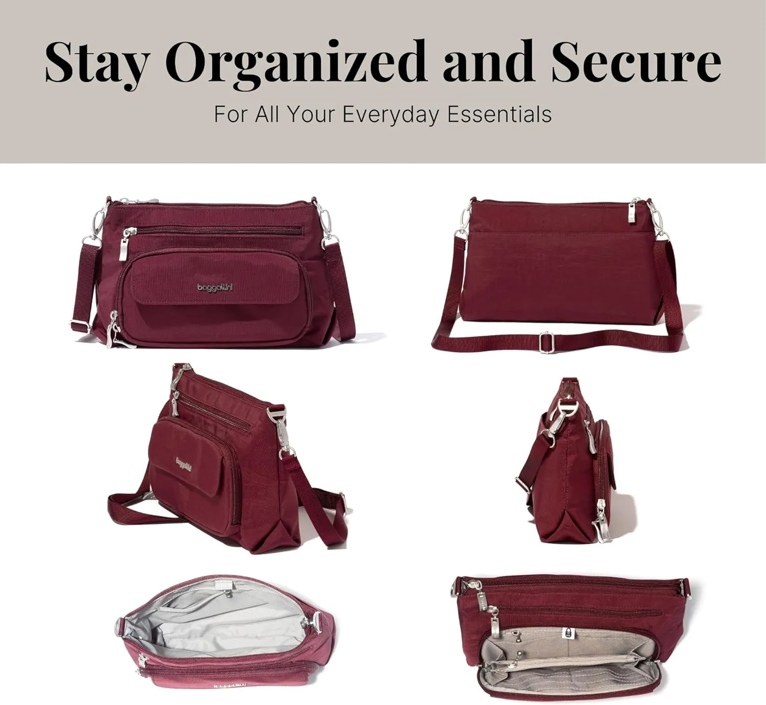 Baggallini Original Everyday 11x 7.5 Crossbody Bags for Women RFID Protected Lightweight Nylon Zippered Travel Purse