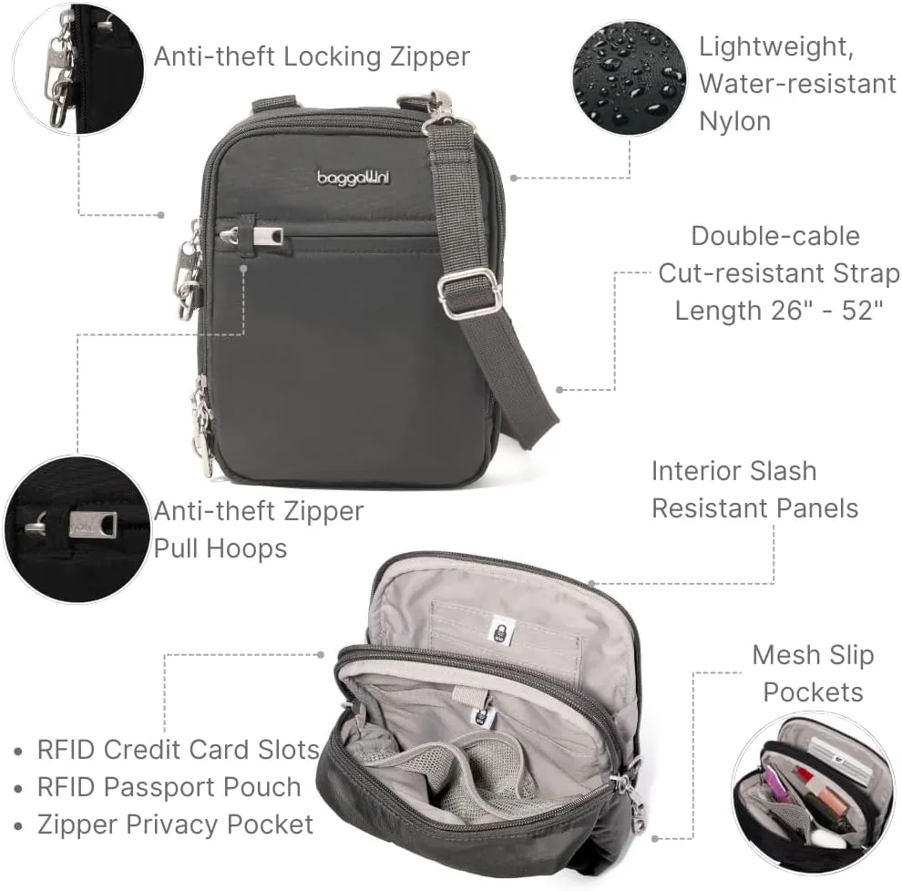 Baggallini Securtex® Anti-theft Mini Everything Crossbody Bag, 6.3"x8.25" Rfid, Locking Zippers & Cut-resistant Strap