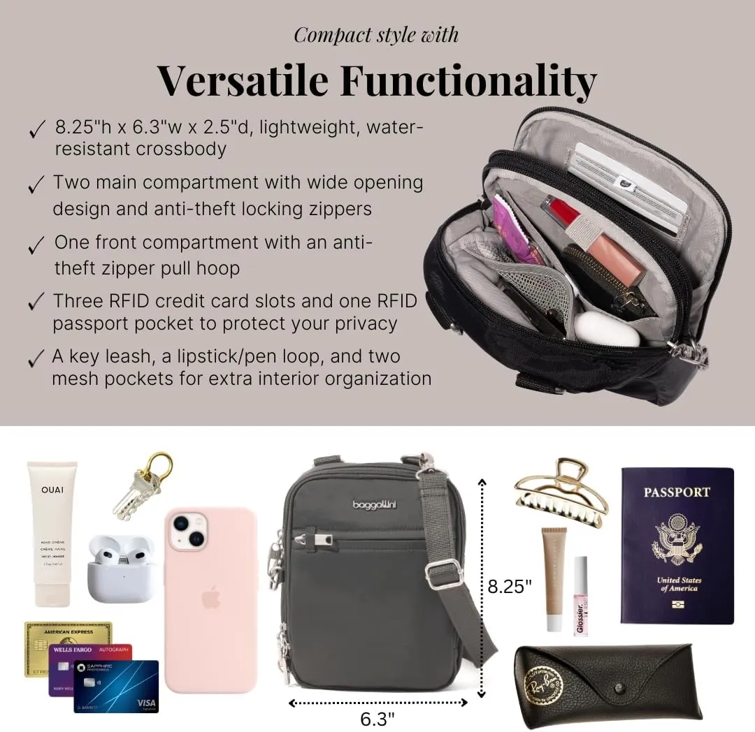 Baggallini Securtex® Anti-theft Mini Everything Crossbody Bag, 6.3"x8.25" Rfid, Locking Zippers & Cut-resistant Strap