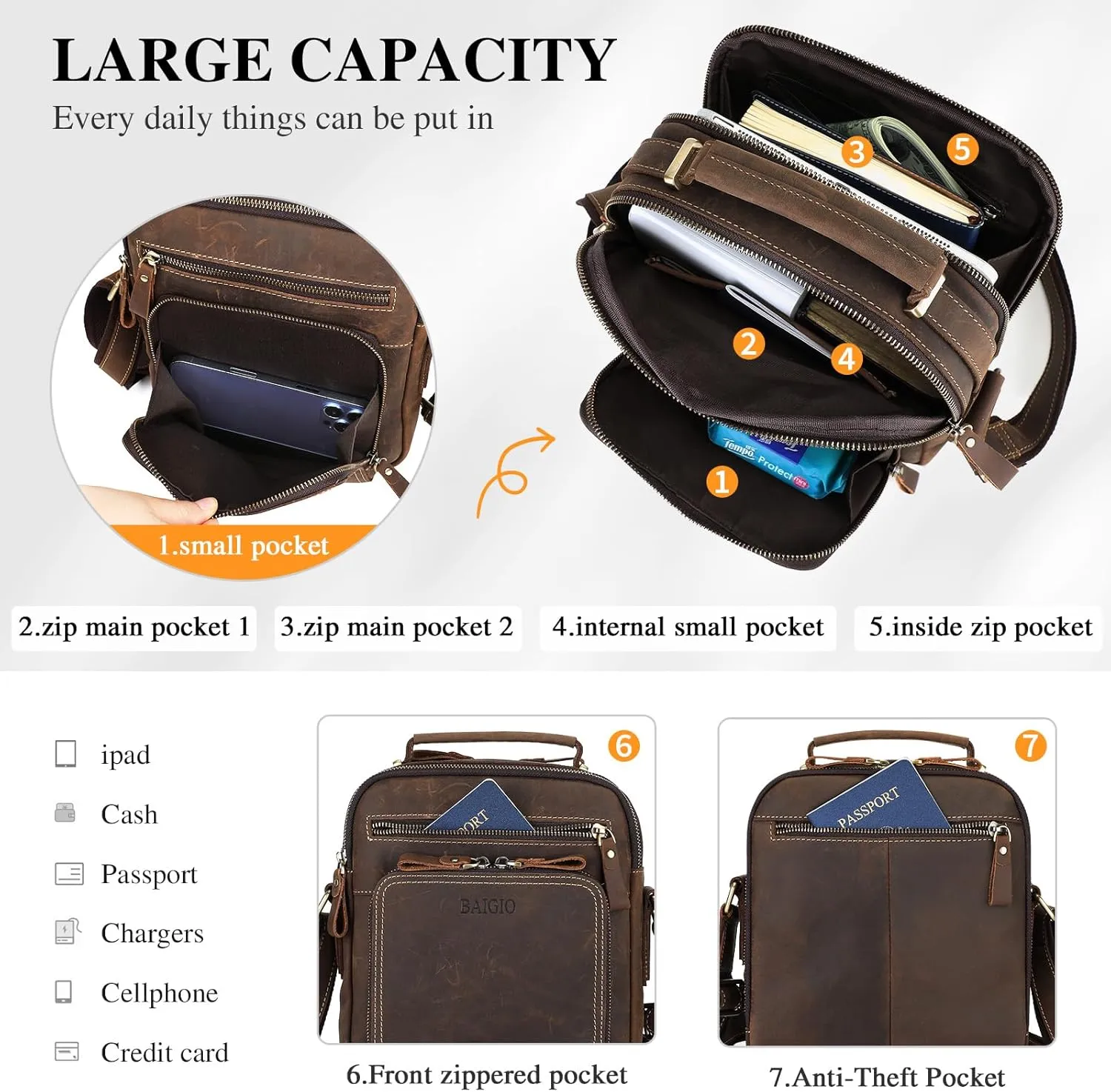 BAIGIO Small Leather Messenger Bag for Men Shoulder Bag Crossbody Vintage Handbag Man Purse for Ipad Travel Bussiness