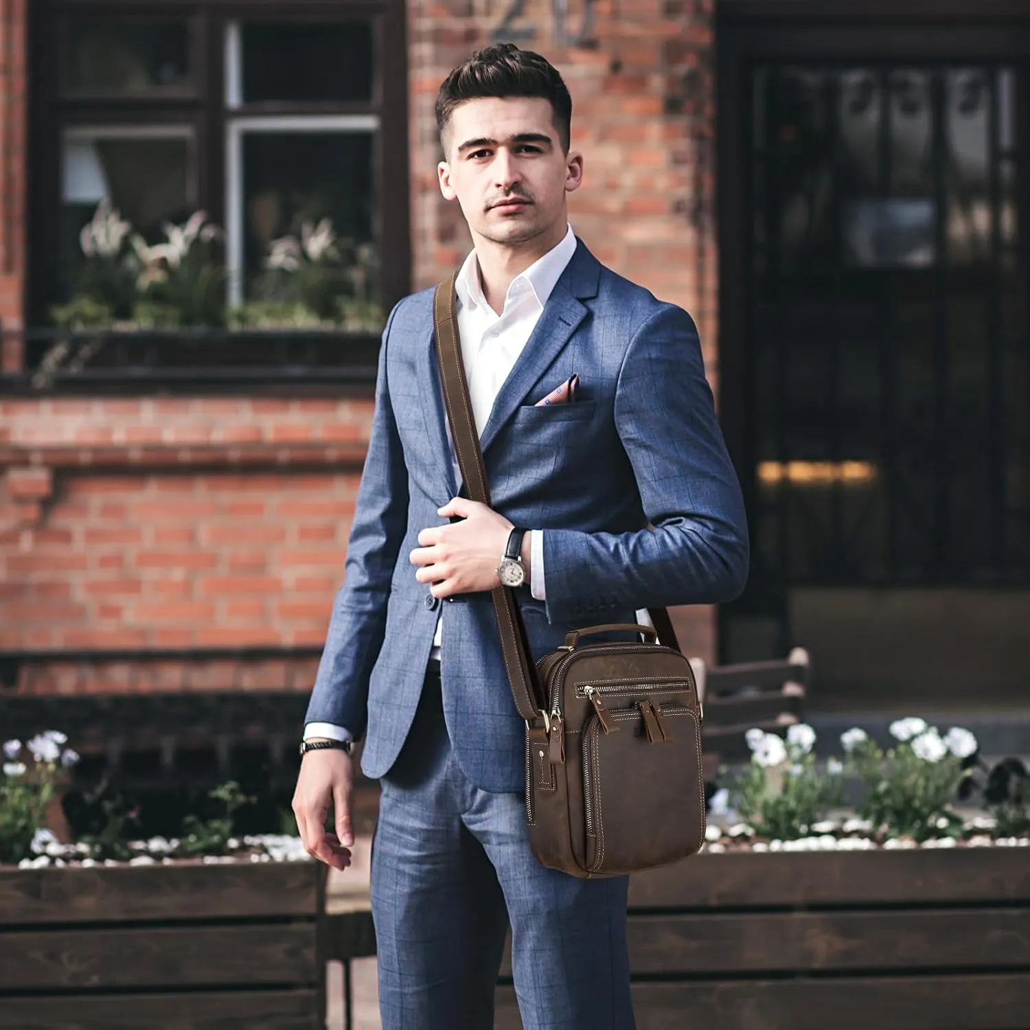 BAIGIO Small Leather Messenger Bag for Men Shoulder Bag Crossbody Vintage Handbag Man Purse for Ipad Travel Bussiness