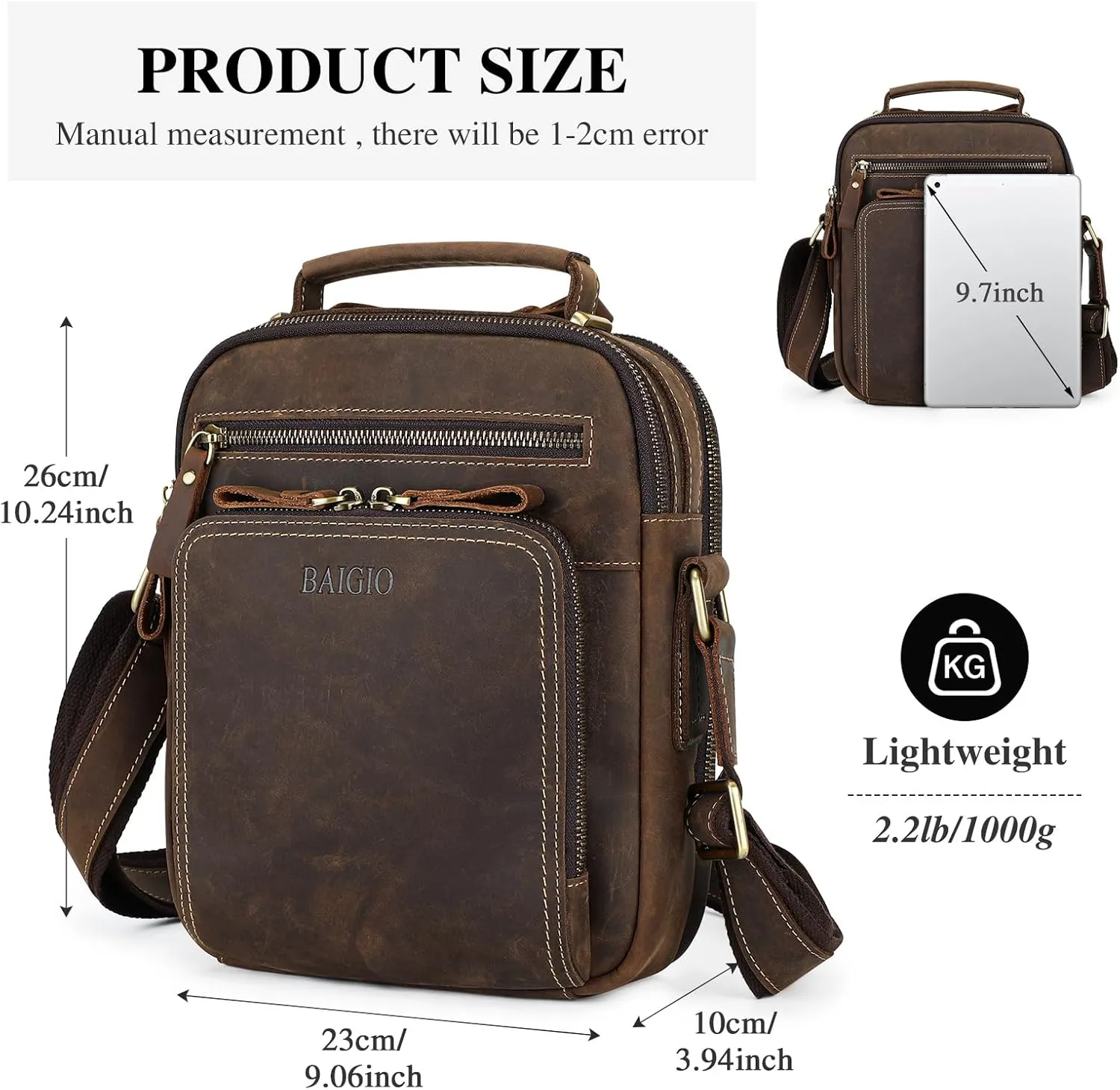 BAIGIO Small Leather Messenger Bag for Men Shoulder Bag Crossbody Vintage Handbag Man Purse for Ipad Travel Bussiness