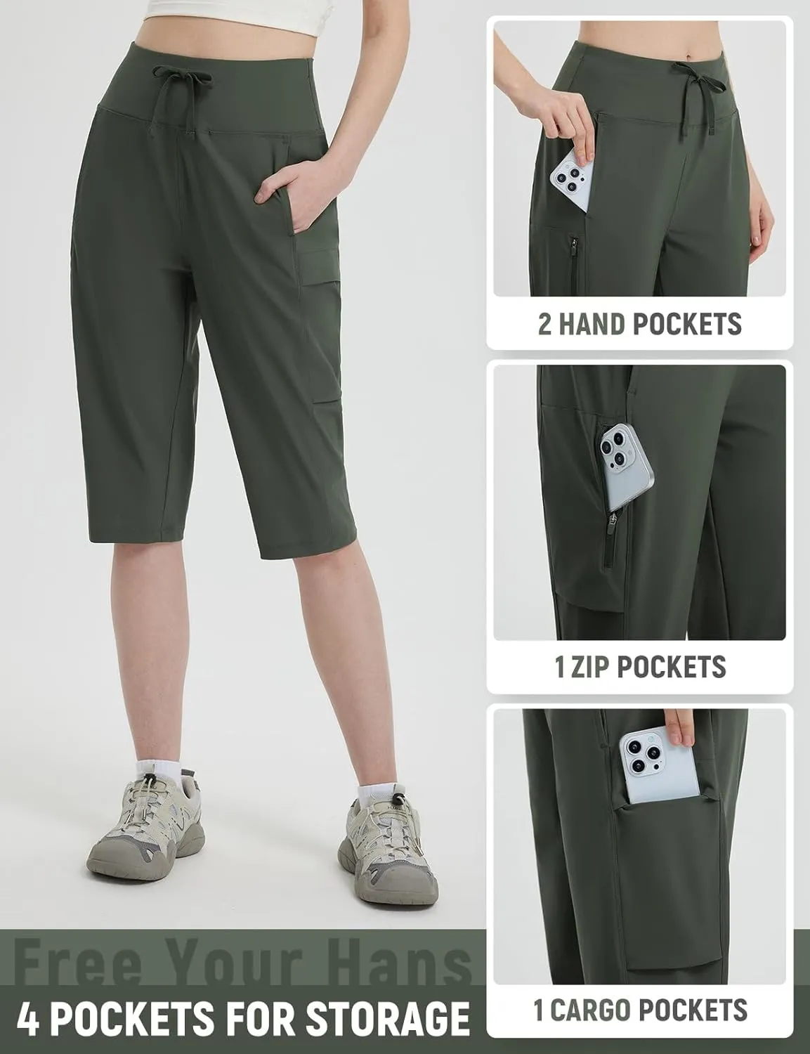 baleaf 15'' Long Shorts for Women Hiking Knee Length Quick Dry Cargo Capri Pants Bermuda Stretchy Lightweight