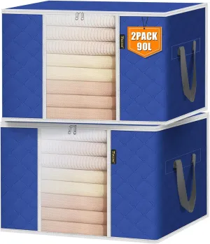BALEINE 2 Pack Clothes Storage Bags, 24 Gallon Storage Containers with Reinforced Handle, Sturdy Zipper, Closet Organizer for Blanket, Comforter, Pillow, Bedding (Blue, 2 Pack)