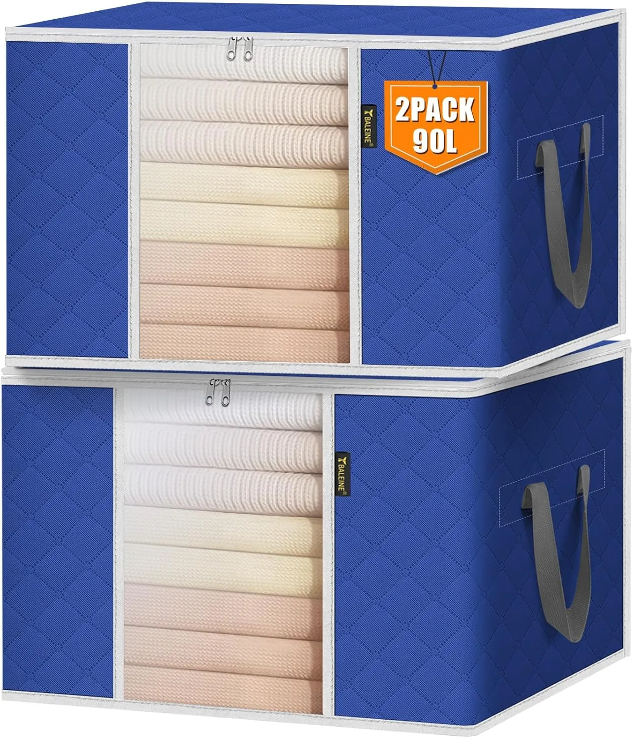 BALEINE 2 Pack Clothes Storage Bags, 24 Gallon Storage Containers with Reinforced Handle, Sturdy Zipper, Closet Organizer for Blanket, Comforter, Pillow, Bedding (Blue, 2 Pack)