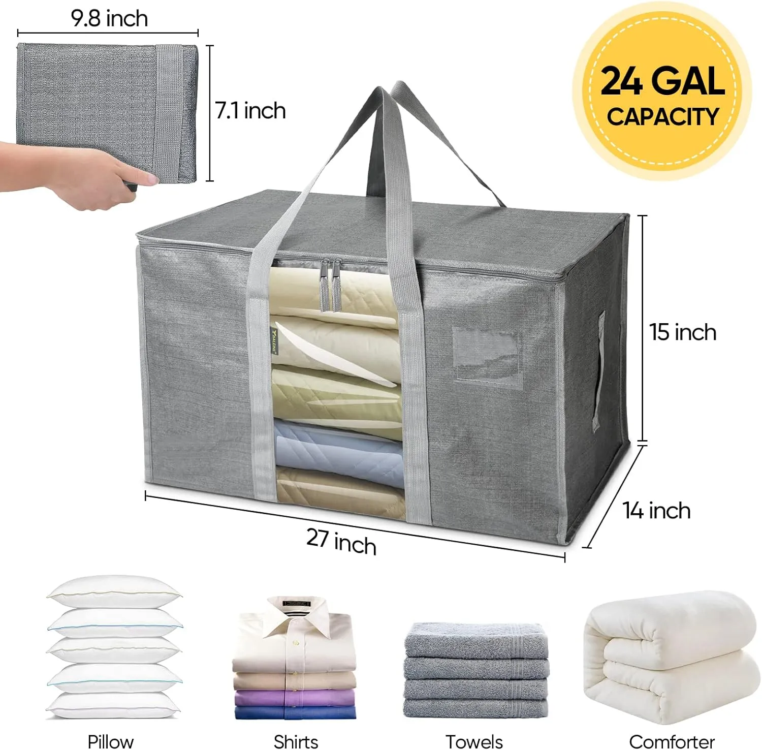 BALEINE 2-Pack Oversized Moving Bags with Reinforced Handles, Heavy-Duty Storage Tote for Clothes, Moving Supplies (Grey with Window, 2-Pack)