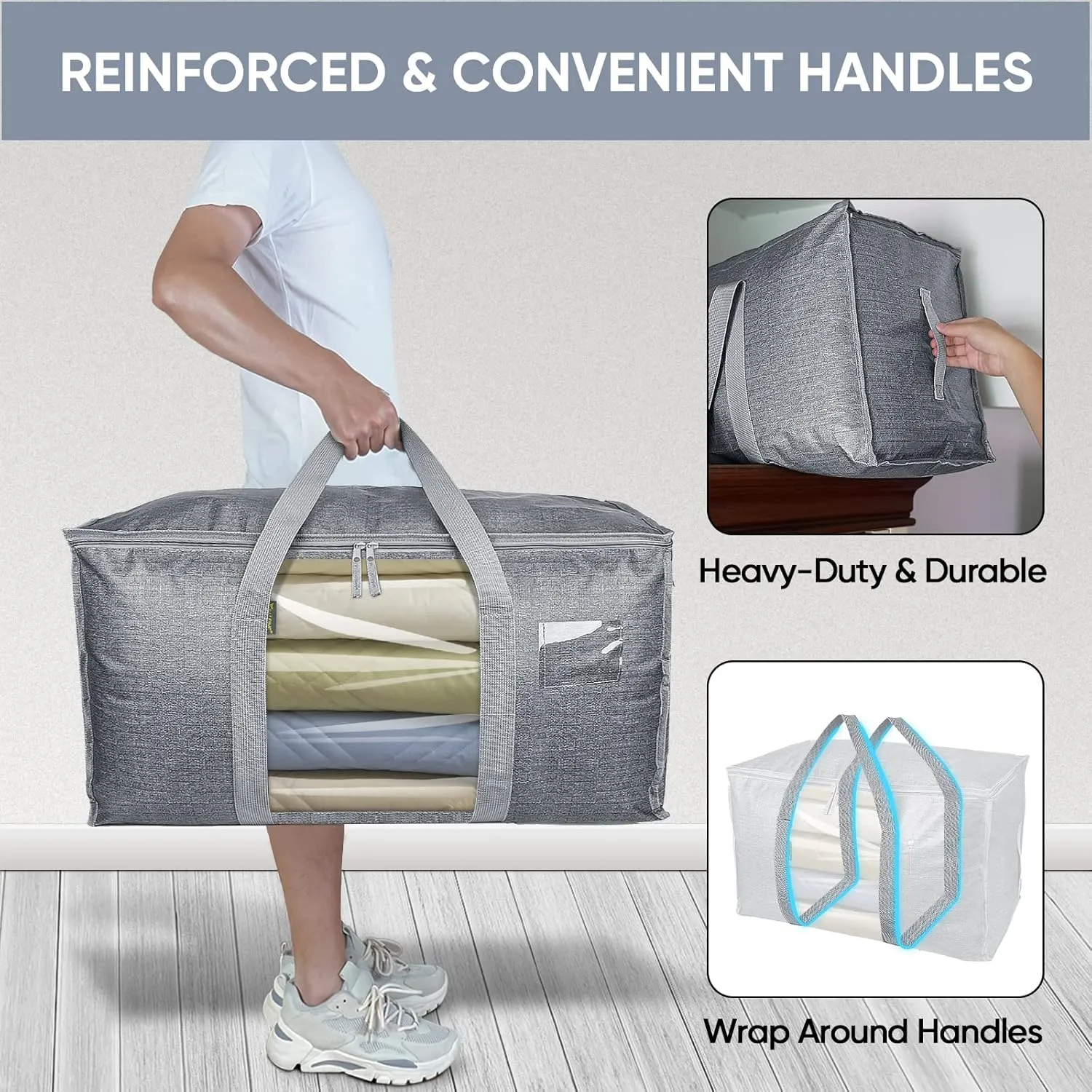 BALEINE 2-Pack Oversized Moving Bags with Reinforced Handles, Heavy-Duty Storage Tote for Clothes, Moving Supplies (Grey with Window, 2-Pack)
